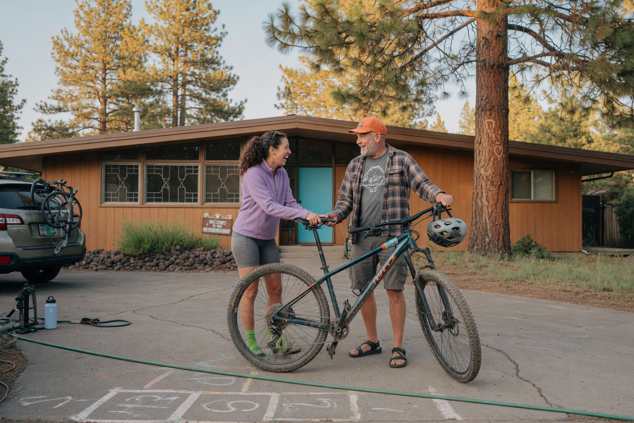 Neighbors handing off a mountain bike in a Bend driveway