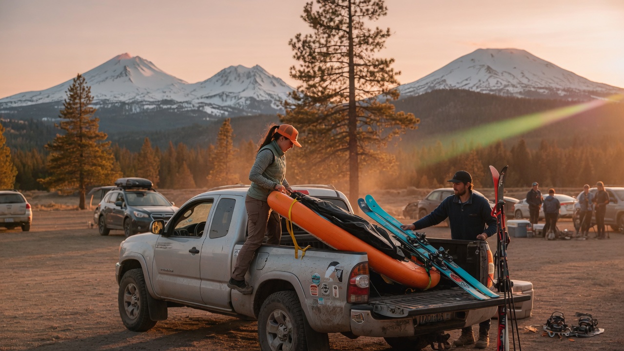 Friends loading skis and a paddleboard onto a truck at a Cascades trailhead near Bend at golden hour