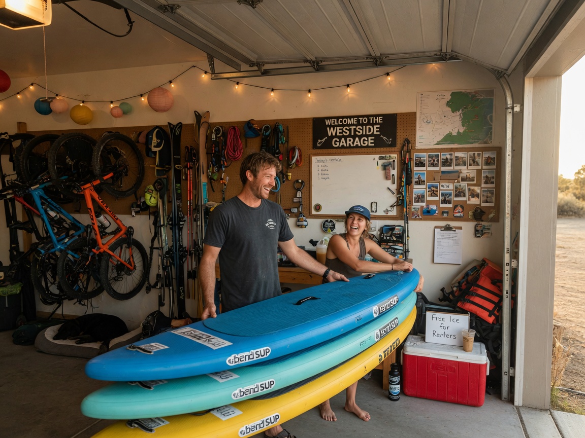 Bend local handing paddleboards to a renter in a Westside garage