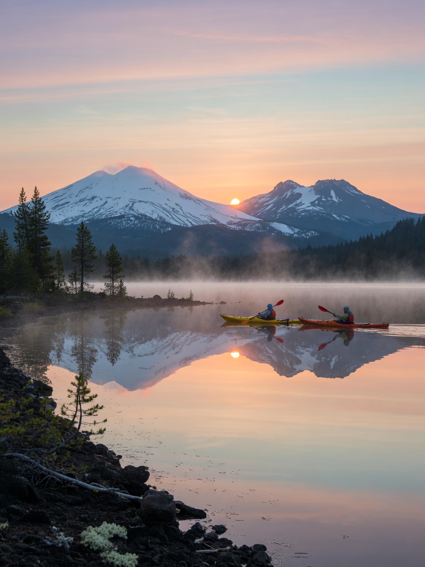 Two kayakers on mirror-calm Sparks Lake at sunrise with South Sister and Broken Top reflected